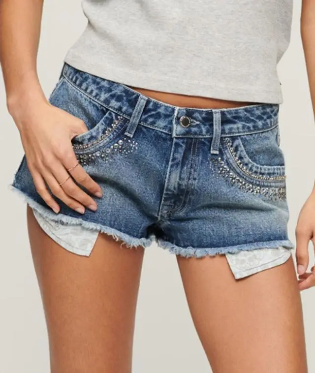 Superdry Women's Ripped Diamante Embellished Denim Shorts, Blue, 