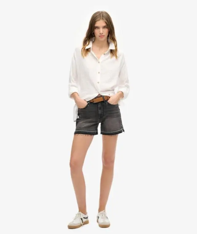 Superdry Women's Classic Ripped Mid Rise Cut off Shorts, Black, 