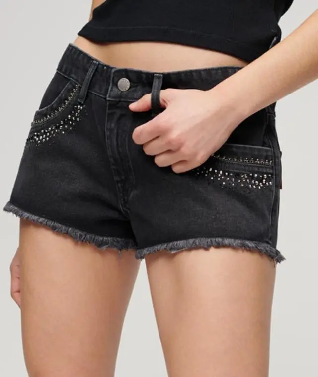 Superdry Women's Diamante Embellished Denim Shorts Black / Wisconsin Washed Black - 
