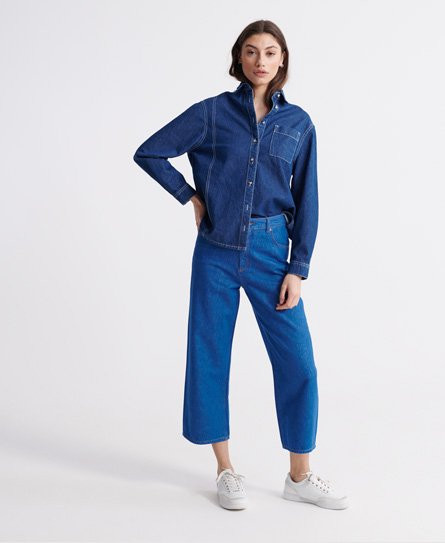 Superdry Women's Wide Leg Crop Jeans Blue / Mid Indigo Clean -