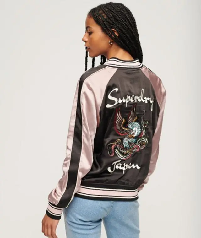 Superdry Women's Fully lined Embroidered Sukajan Bomber Jacket, Black and Beige, 