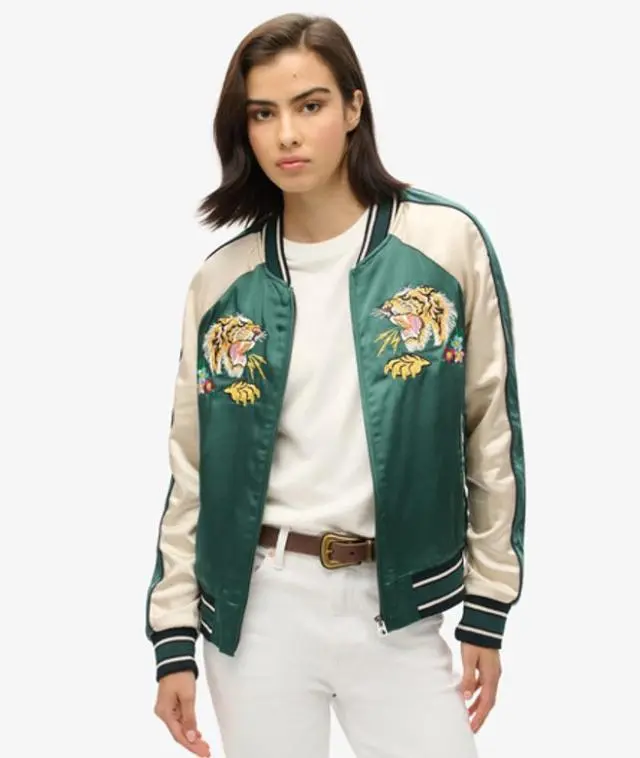 Superdry Women's Fully lined Embroidered Sukajan Bomber Jacket, Green, Yellow and Cream, 