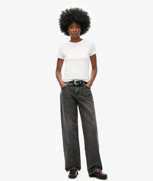 Superdry Women's Mid Rise Wide Leg Jeans Black / Wolcott Black Stone - 