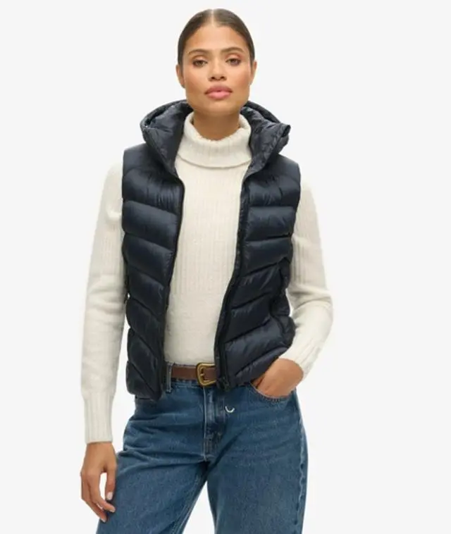 Superdry Women's Slim Fit Logo Patch Hooded Fuji Padded Gilet, Navy, 