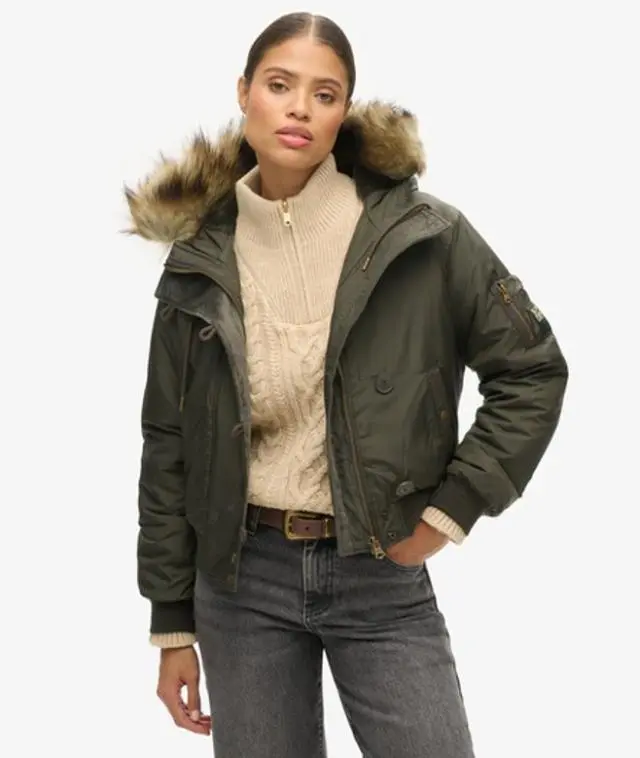 Superdry Women's Hooded Military MA1 Bomber Jacket Khaki / Deepest Khaki - 