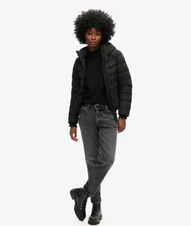 Superdry Women's Fully Lined Embroidered Logo Hooded Microfibre Padded Jacket, Black, 