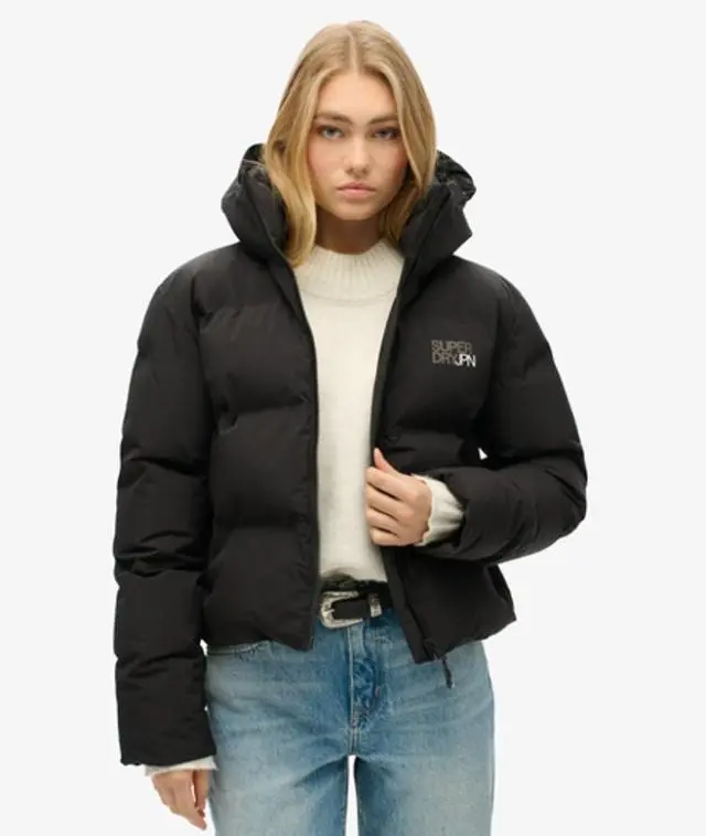 Superdry & Co Women's Fully Lined Quilted Hooded Boxy Puffer Jacket, Black, 