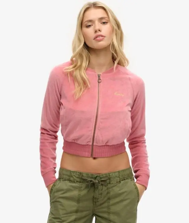 Superdry & Co Women's Embroidered Velour Zip Baseball Top Pink / Manila Blush Pink - 