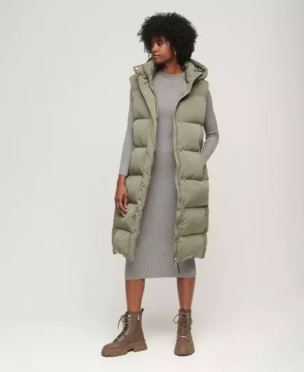 Superdry Women's Longline Hooded Puffer Gilet Khaki / Light Khaki Green -