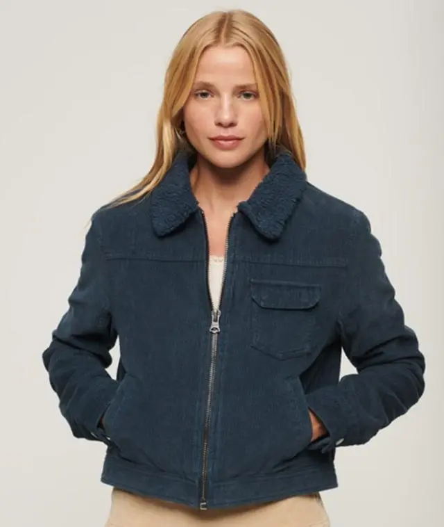 Superdry Women's Cropped Sherpa Lined Cord Jacket Navy / Eclipse Navy - 