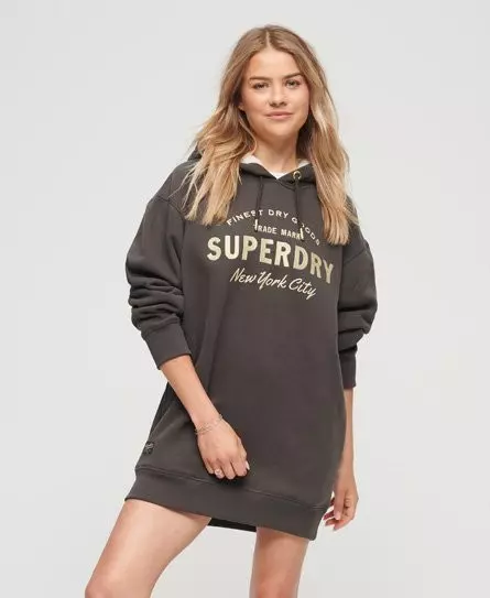 Superdry Women's Luxe Metallic Logo Hoodie Dress Dark Grey / Vintage Black -