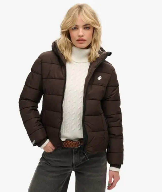 Superdry & Co Women's Slim Fit Embroidered Logo Hooded Spirit Sports Puffer Jacket, Dark Brown, 