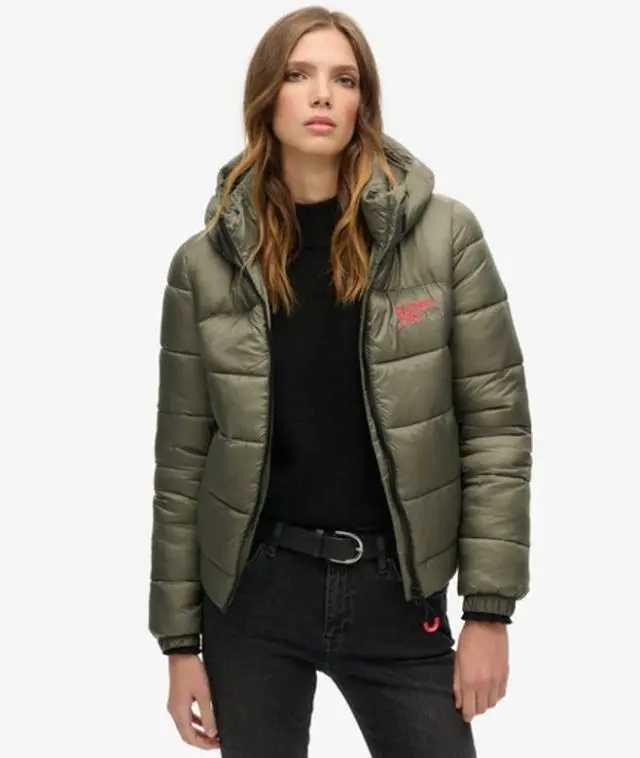 Superdry Women's Sports Puffer Bomber Jacket Green / Dusty Olive - 