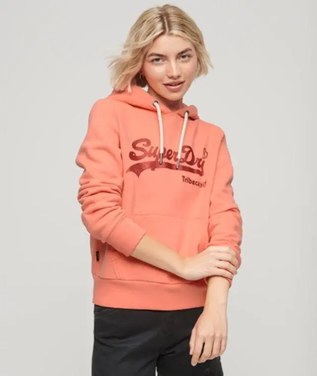 Superdry & Co Women's Classic Embellished Logo Vintage Hoodie, Coral, 