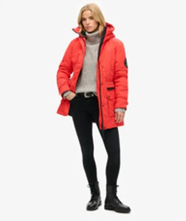 Superdry Women's Boxy Fit Logo Patch City Padded Parka Jacket, Red, 