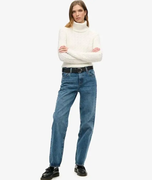 Superdry & Co Women's Classic Organic Cotton Mid Rise Wide Leg Jeans, Dark Blue, 