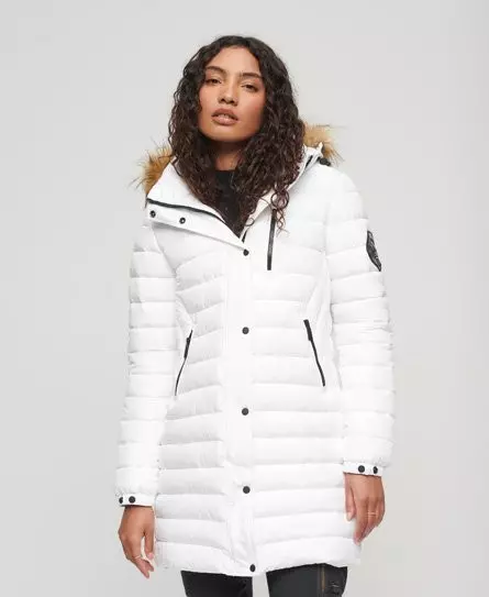Superdry Women's Fuji Hooded Mid Length Puffer Coat White -
