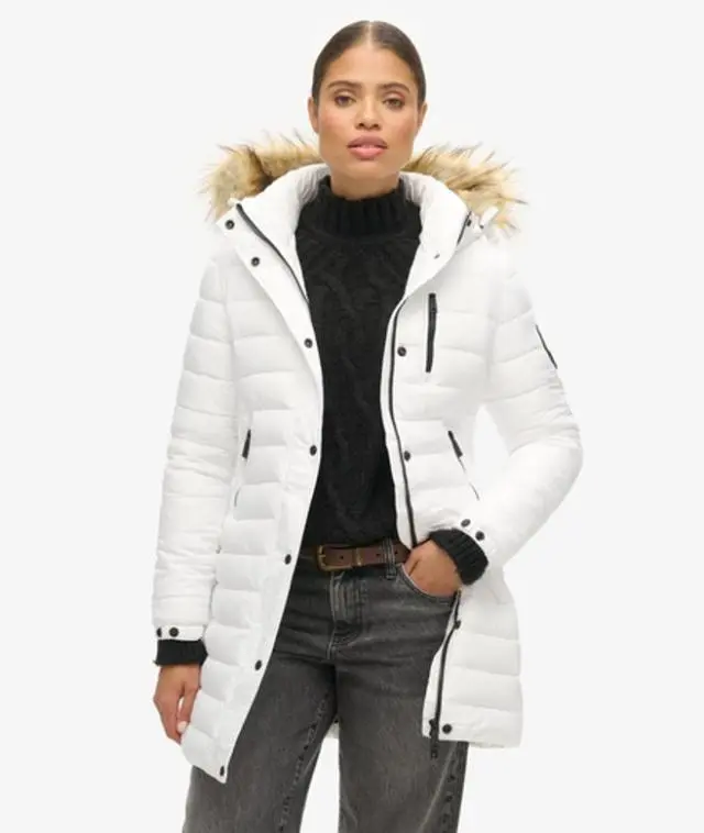 Superdry Women's Fuji Hooded Mid Length Puffer Coat White - 