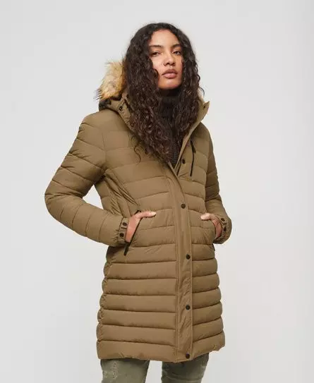 Superdry Women's Fuji Hooded Mid Length Puffer Coat Brown / Sandstone Brown - 