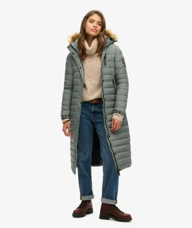 Superdry & Co Women's Quilted Fuji Hooded Long Puffer Coat, Green, 