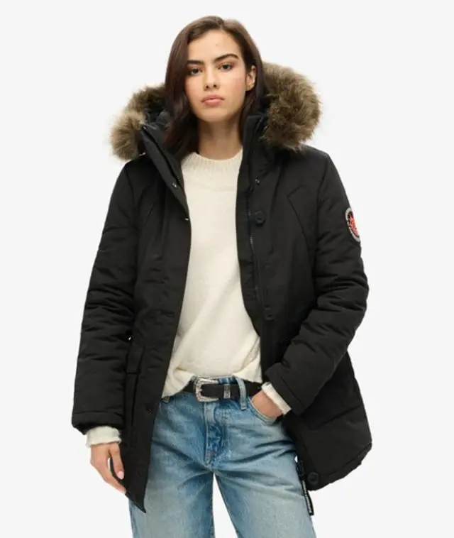 Superdry & Co Women's Classic Logo Patch Everest Faux Fur Hooded Parka Coat, Dark Grey, 