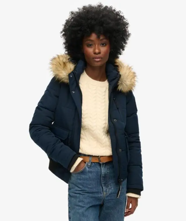 Superdry Women's Fully Lined Embroidered Badge Hooded Everest Puffer Bomber Jacket, Navy Blue, 