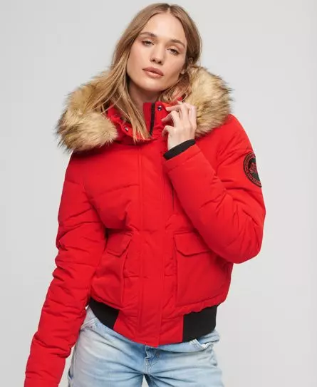 Superdry Women's Hooded Everest Puffer Bomber Jacket Red / High Risk Red -