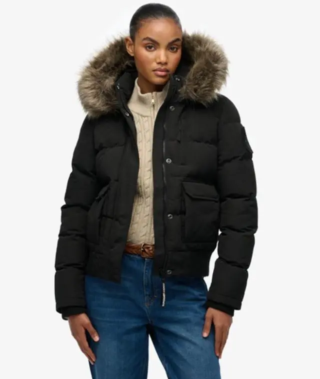 Superdry & Co Women's Everest Fully Lined Embroidered Badge Hooded Puffer Bomber Jacket, Dark Grey, 