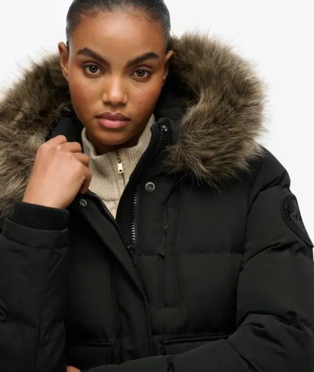 Superdry & Co Women's Everest Fully Lined Embroidered Badge Hooded Puffer Bomber Jacket, Dark Grey, 