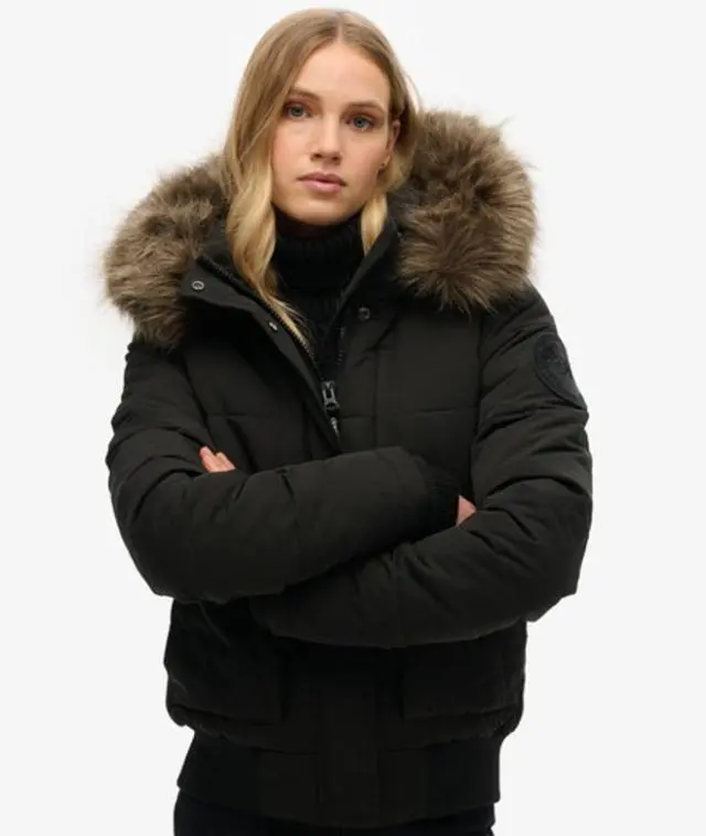 Superdry Women's Fully Lined Embroidered Badge Hooded Everest Puffer Bomber Jacket, Dark Grey, 