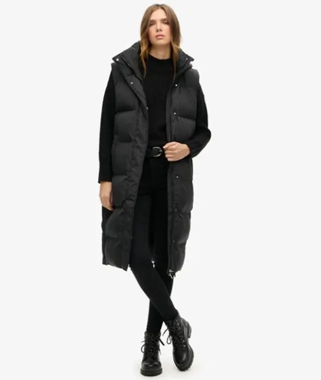 Superdry & Co Women's Classic Logo Badge Long Hooded Puffer Gilet, Black, 