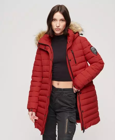 Superdry Women's Fuji Hooded Mid Length Puffer Coat Red / Varsity Red -