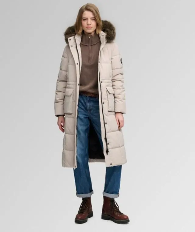 Superdry & Co Women's Everest Fully Lined Quilted Long Puffer Coat, Beige, 