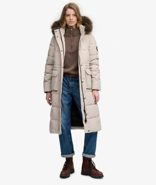 Superdry Women's Everest Fully Lined Quilted Long Puffer Coat, Beige, 