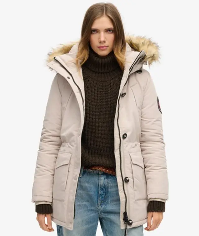 Superdry Women's Everest Faux Fur Hooded Parka Coat Beige / Chateau Gray - 