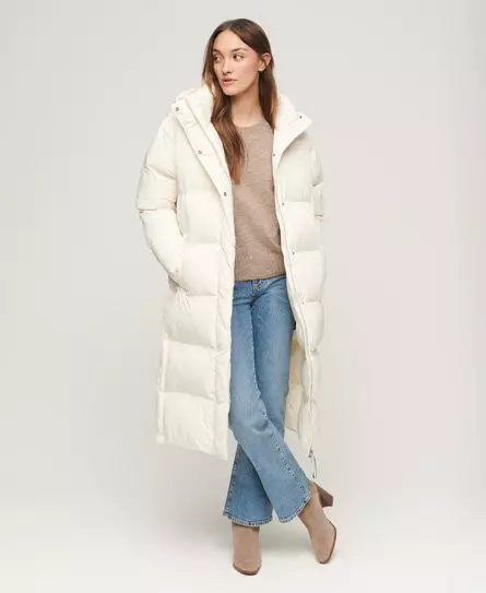 Superdry Women's Hooded Longline Puffer Coat White / Off White -