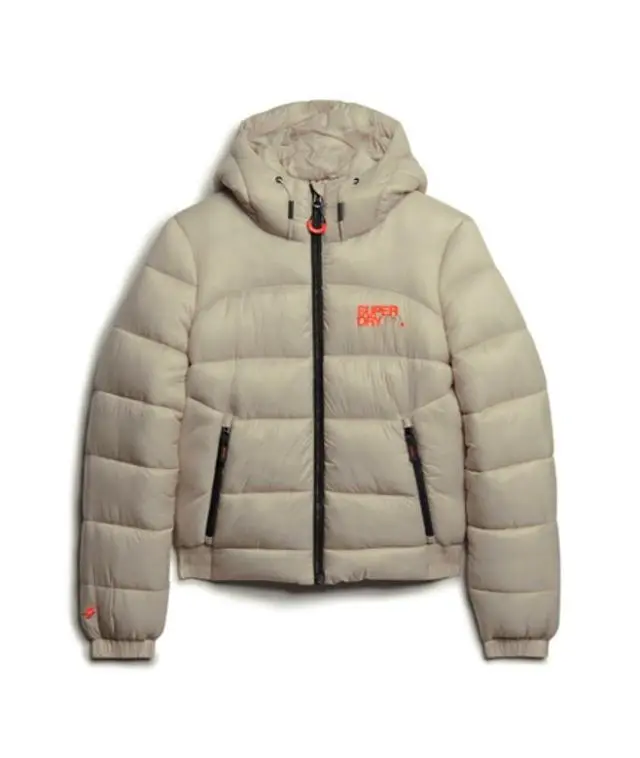Superdry Women's Slim Fit Embroidered Logo Sports Puffer Bomber Jacket, Beige, 