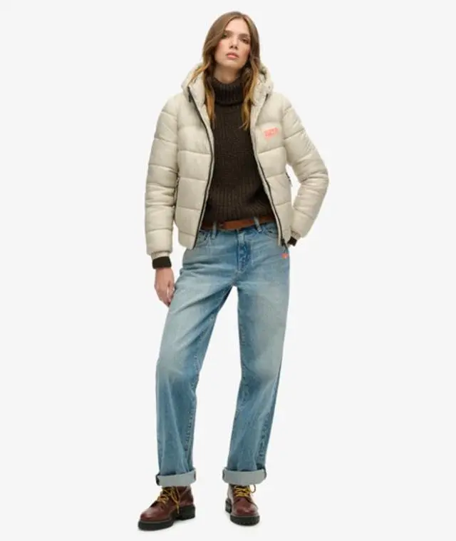 Superdry Women's Slim Fit Embroidered Logo Sports Puffer Bomber Jacket, Beige, 