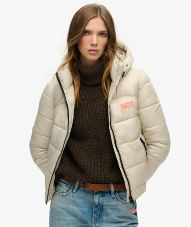 Superdry Women's Sports Puffer Bomber Jacket Beige / Pelican Beige - 