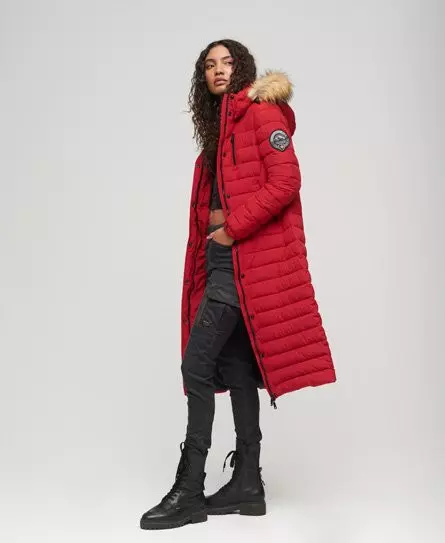 Superdry Women's Fuji Hooded Longline Puffer Coat Red / Varsity Red -