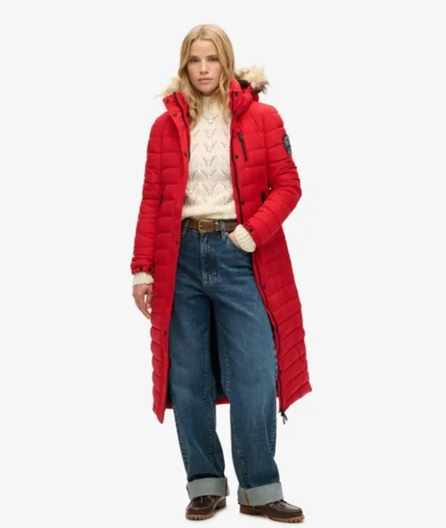 Superdry Women's Slim Fit Quilted Puffer Coat, Red, 
