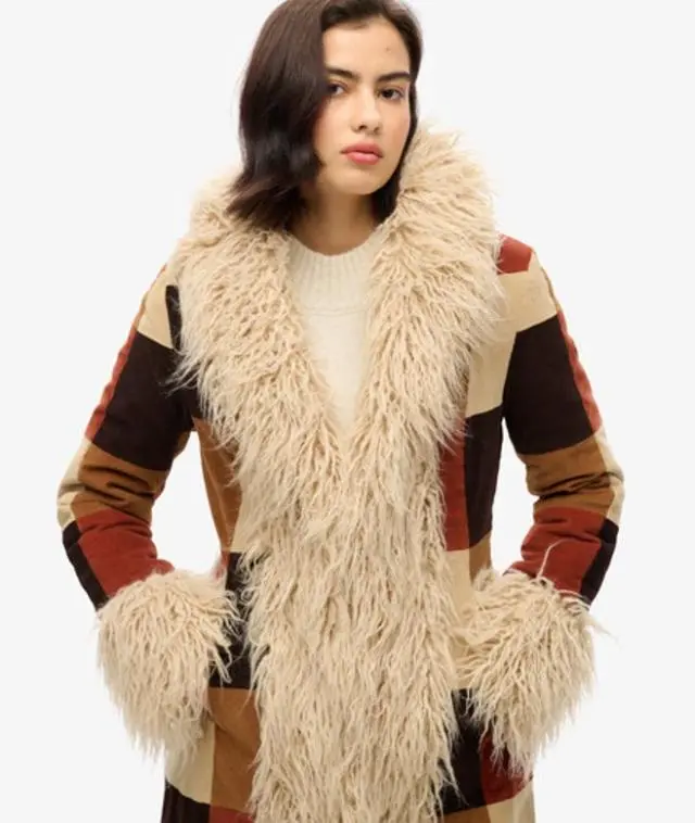 Superdry Women's Patchwork Long Afghan Coat, Brown, 