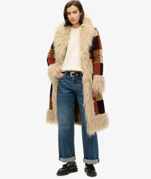Superdry Women's Patchwork Long Afghan Coat, Brown, 