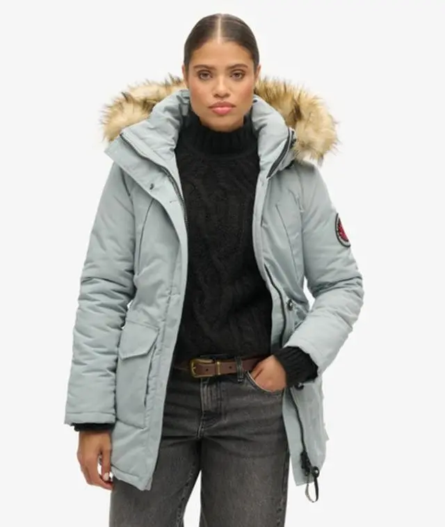 Superdry Women's Classic Embroidered Badge Everest Faux Fur Hooded Parka Coat, Grey, 