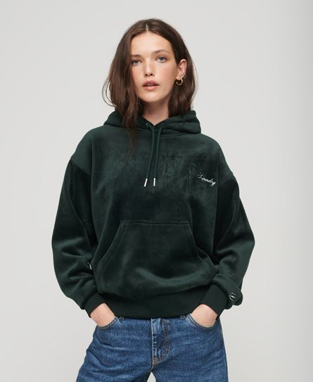 Superdry Women's Drop Needle Velour Boxy Hoodie Green / Academy Dark Green -