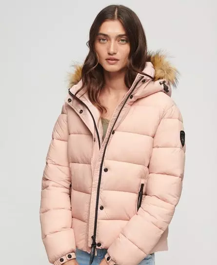 Superdry Women's Faux Fur Short Hooded Puffer Jacket Pink / Pink Blush -