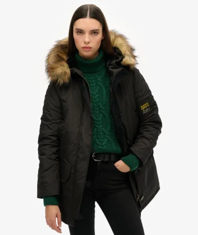 Superdry Women's Classic Logo Patch Military Hooded MA1 Parka Coat, Black, 