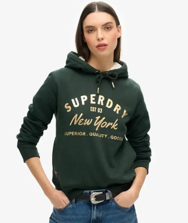 Superdry & Co Ladies Classic Luxe Metallic Logo Hoodie, Green, 
