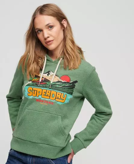 Superdry Women's Travel Postcard Graphic Hoodie Green / Winter Mint Marl -