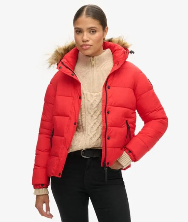 Superdry Women's Faux Fur Short Hooded Puffer Jacket Red / High Risk Red - 